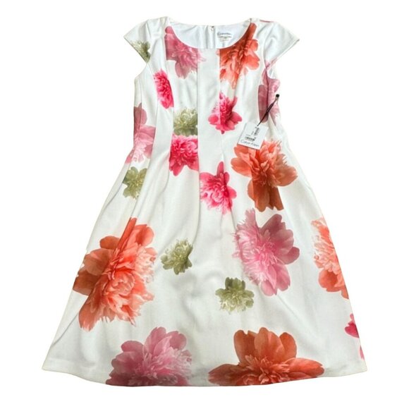 NWT Calvin Klein Cap-sleeve Floral-print Scuba Fit & Flare Dress SIZE 14 WOMENS - Picture 2 of 7